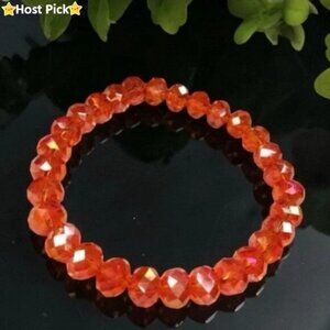 Vtg Handmade Orange AB Faceted Crystal Beaded Stretch Bracelet 8mm, for 7" Wrist